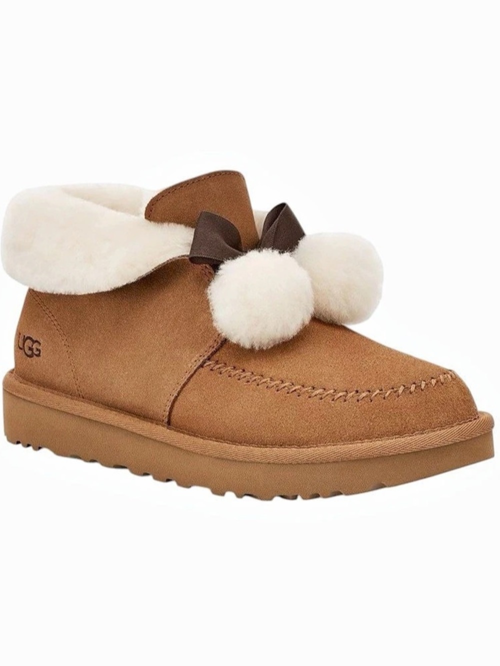 UGG Kallen II Chestnut Suede Bow Pom Pom Slipper Boots
